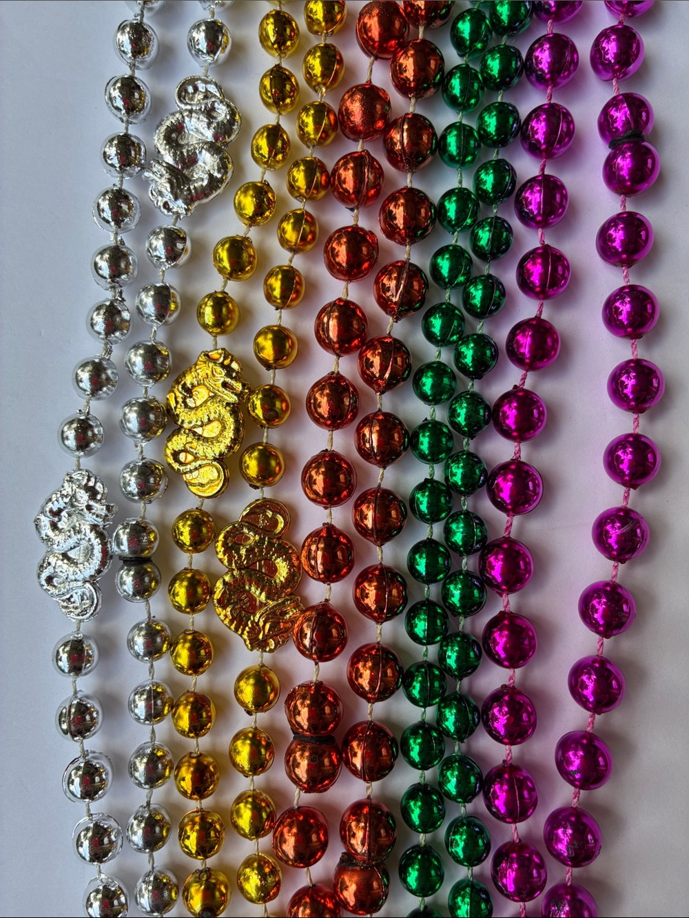 Metallic Mardi Gras Bead Necklaces - Silver, Gold, Orange, Green, Purple